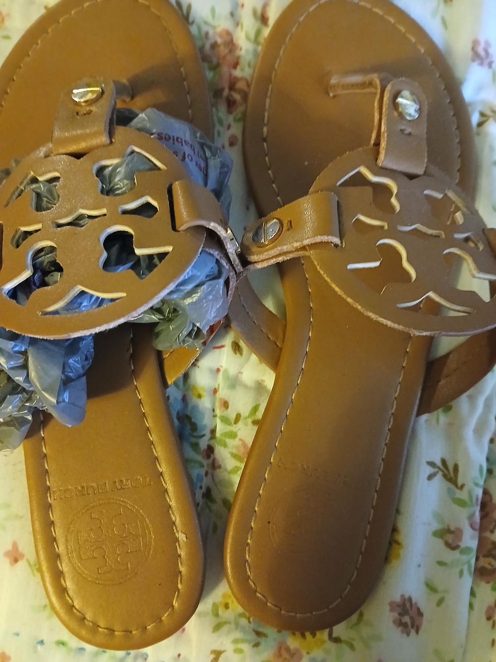 Tan Logo Medallion Leather Thong Sandals